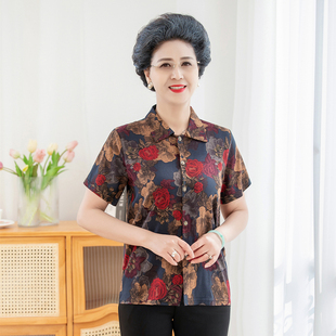 夏季 宽松妈妈短袖 中老年翻领休闲开衫 薄款 上衣t恤奶奶装 棉绸衬衫