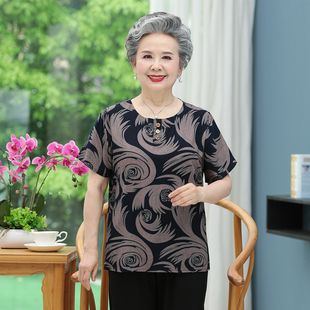 中老年夏装 70太太80岁妈妈t恤 女奶奶短袖 印花上衣棉绸老人衣服60