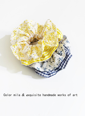 森系双层黄色格纹碎花大肠发圈女高级感慵懒风丸子头马尾发绳头饰