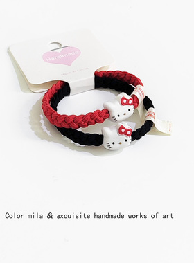 可爱红色KT猫发绳女卡通编织情侣小皮筋高级感扎马尾头绳发圈头饰