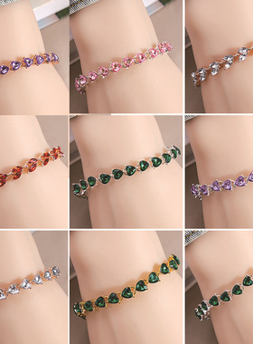 欧美百搭设计轻奢配饰爱心闪钻手链时尚彩色柳叶镶钻手饰