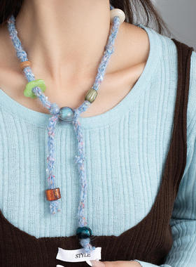 秋冬小众针织毛线串珠抽拉项链女