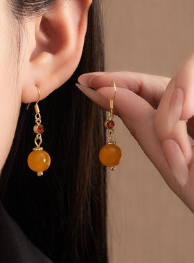 复古新中式镶钻橙色串珠耳环2025感轻奢小众耳针古风气质时尚耳饰