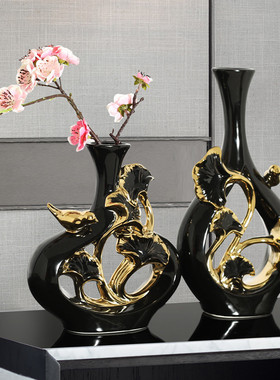 热销新中式银杏花瓶陶瓷工艺品摆件家居玄关客厅办公室书房软装饰