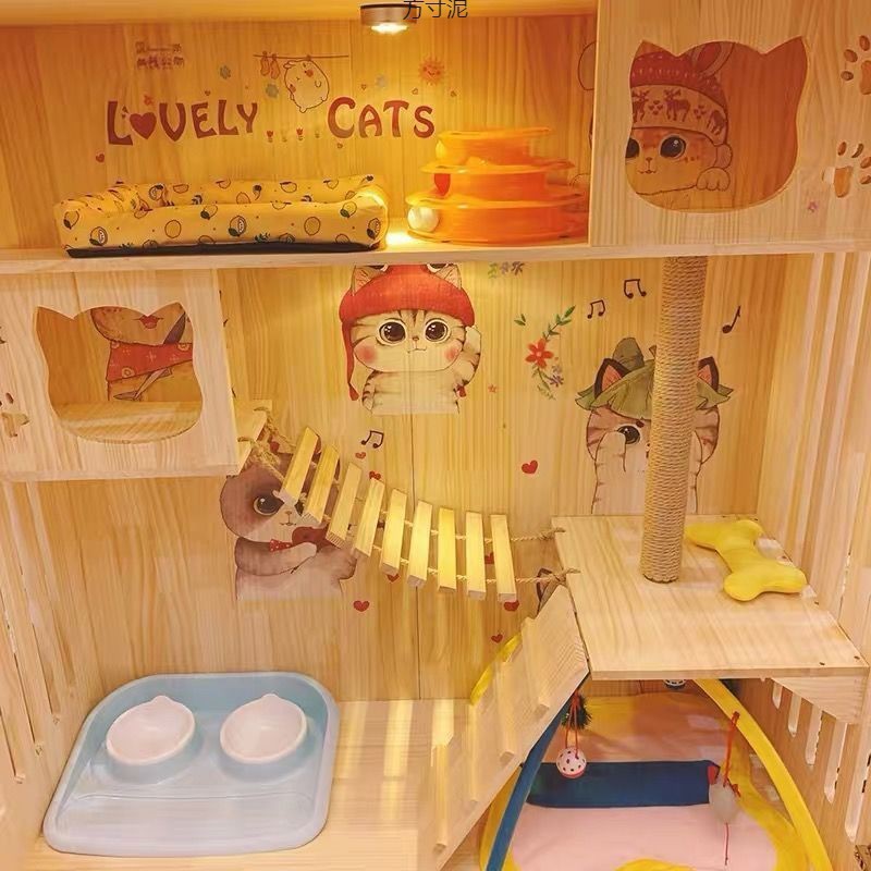 热销猫笼子木质猫咪双层别墅实木房子柜别墅三层猫窝猫爬架舍一件