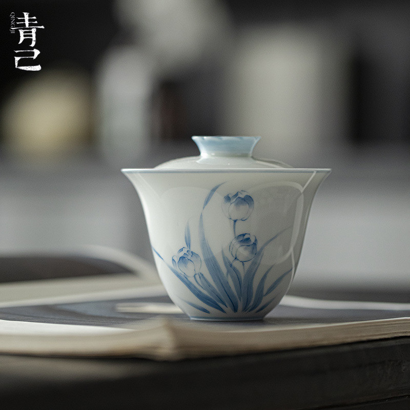 青己玉泥白瓷手绘青花盖碗郁金香釉下彩陶瓷文人泡茶碗家用茶碗