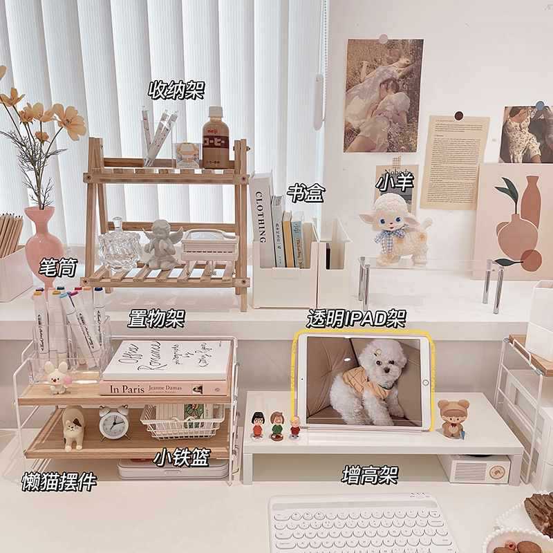 热销收纳架少女原木色桌面双层置物架镂空书桌尤物多肉置物架子花