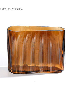 几何琥珀色竖纹设计扁桌面玻璃花瓶样板房餐厅方插花软装装饰摆件