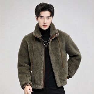 黁白秋冬新款男士夹克羊羔绒阔版皮毛一体轻奢加厚外套潮