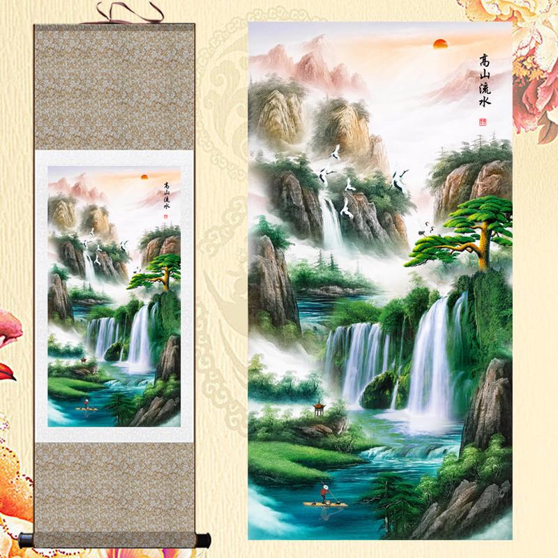 丝绸卷轴画挂画竖版中堂画客厅国画农村堂屋山水画风玄关景装饰画