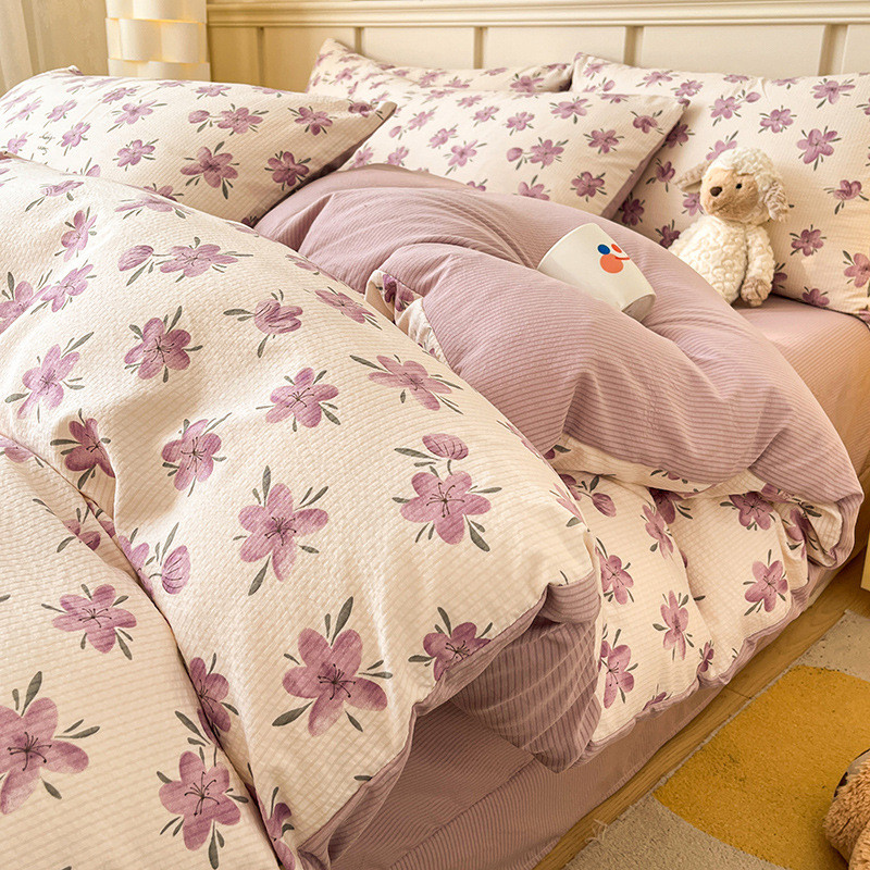 批发ins少女心韩式碎花棉肤泡泡亲皱皱纱花边四件套公主风4件套