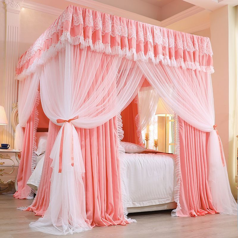 家用蚊帐床幔三开门遮光床帘落地公主风四季通用遮光全封闭防尘顶