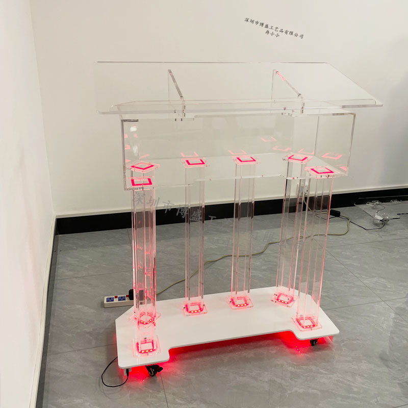 定制出口led焕彩发光四轮可移动双人大讲有机玻璃台亚克力演讲台