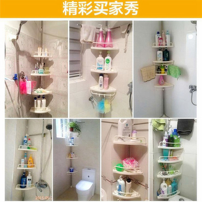 热销浴室置物架不锈钢收纳顶天立地卫生间伸缩杆墙拐转角三角架免