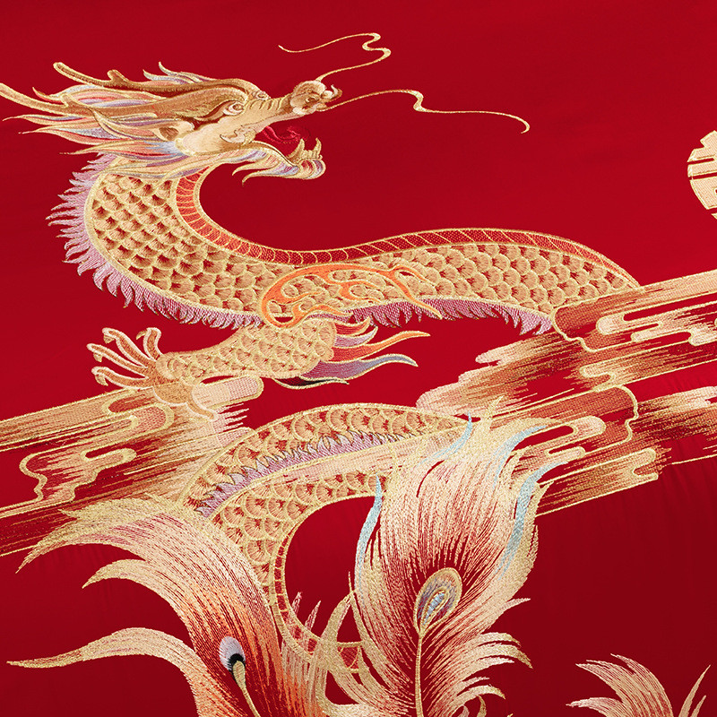 热销重工龙凤刺绣大红结婚庆四件套纯棉长绒棉喜被高档奢华婚床上