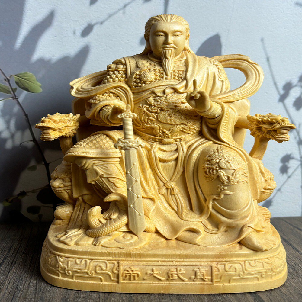 桧木雕真武大帝神像摆件玄天上帝佑圣真君客厅装饰玄武祖师工艺品
