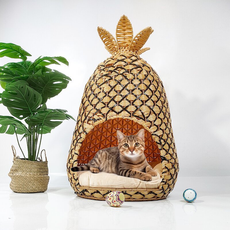 凰图工艺新款上市订制款菠萝型宠物猫篮宠猫窝藤编宠物窝猫窝猫笼