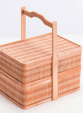 6buj竹篮手提篮野餐篮带盖古典双层竹编拜佛拜神祭祖香篮红色收纳