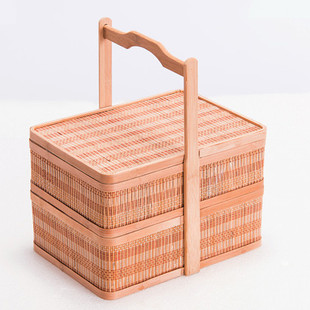 批发批发竹篮手提篮竹编带盖古典双层野餐篮拜佛拜神祭祖香篮红色