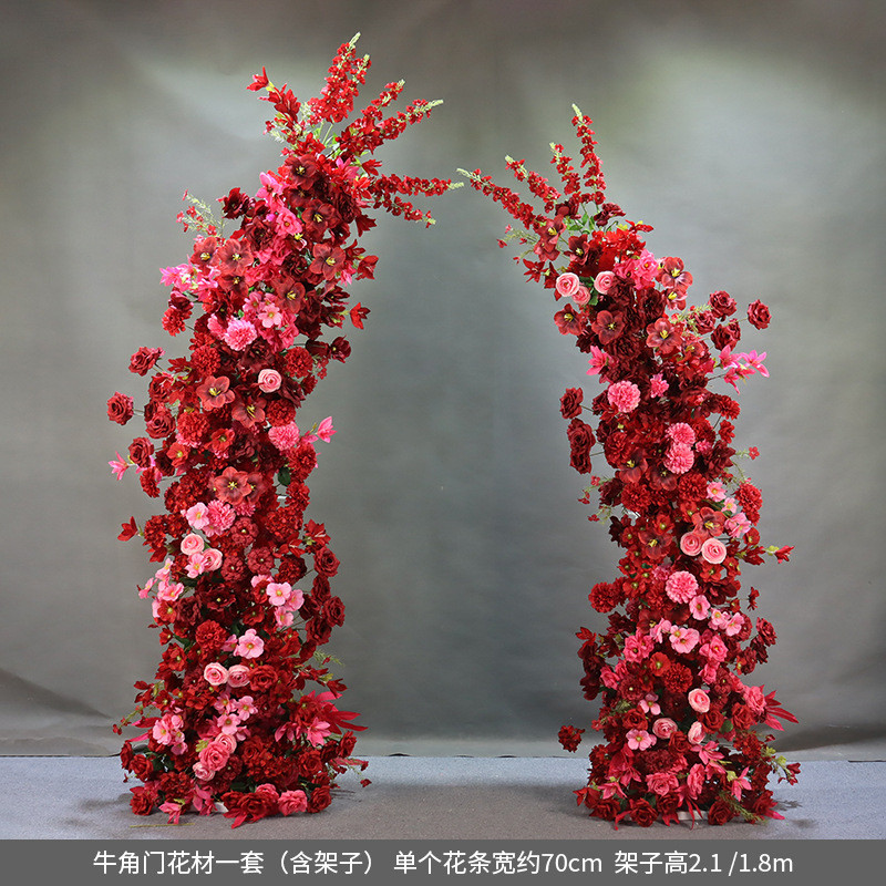 婚礼堂红色牛角拱门路引成品仿真花艺舞台装饰背景架商场插花摆件