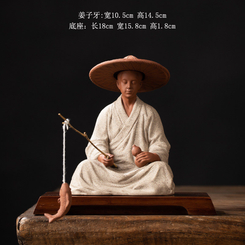 紫砂泥姜太公渔翁钓鱼摆件陶瓷人物老头垂钓假山鱼缸造景