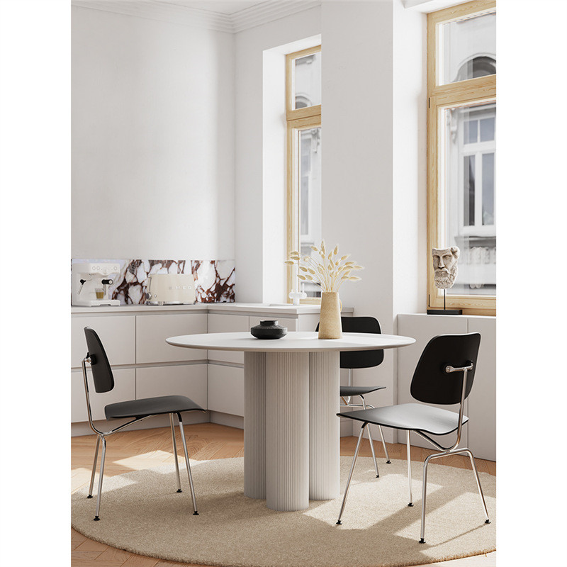 热销纯白岩板圆桌罗马柱餐桌简约小户型家用饭桌法式奶油风餐桌洽