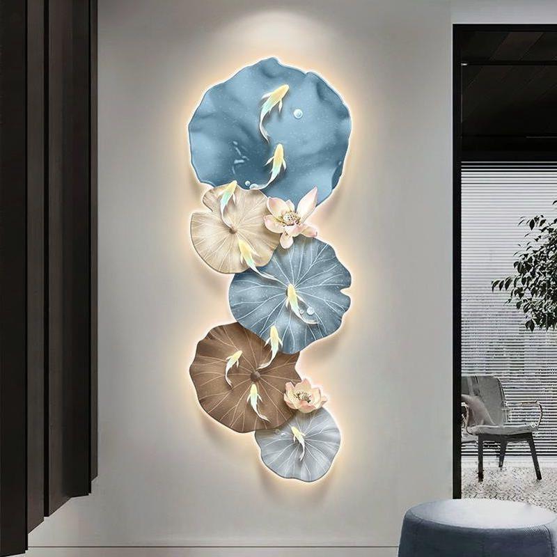 九鱼图入户玄关装饰画抽象荷叶led灯壁画正对门楼梯走廊过道挂画