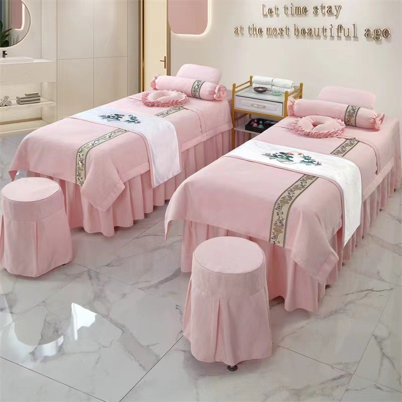 高档简约棉麻洗头美容院美体按摩美容床罩四件套床套批发印制logo