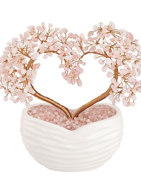 玫瑰金石头碎石绕线枝心形双生树陶瓷树小树摆件七色碎石底座