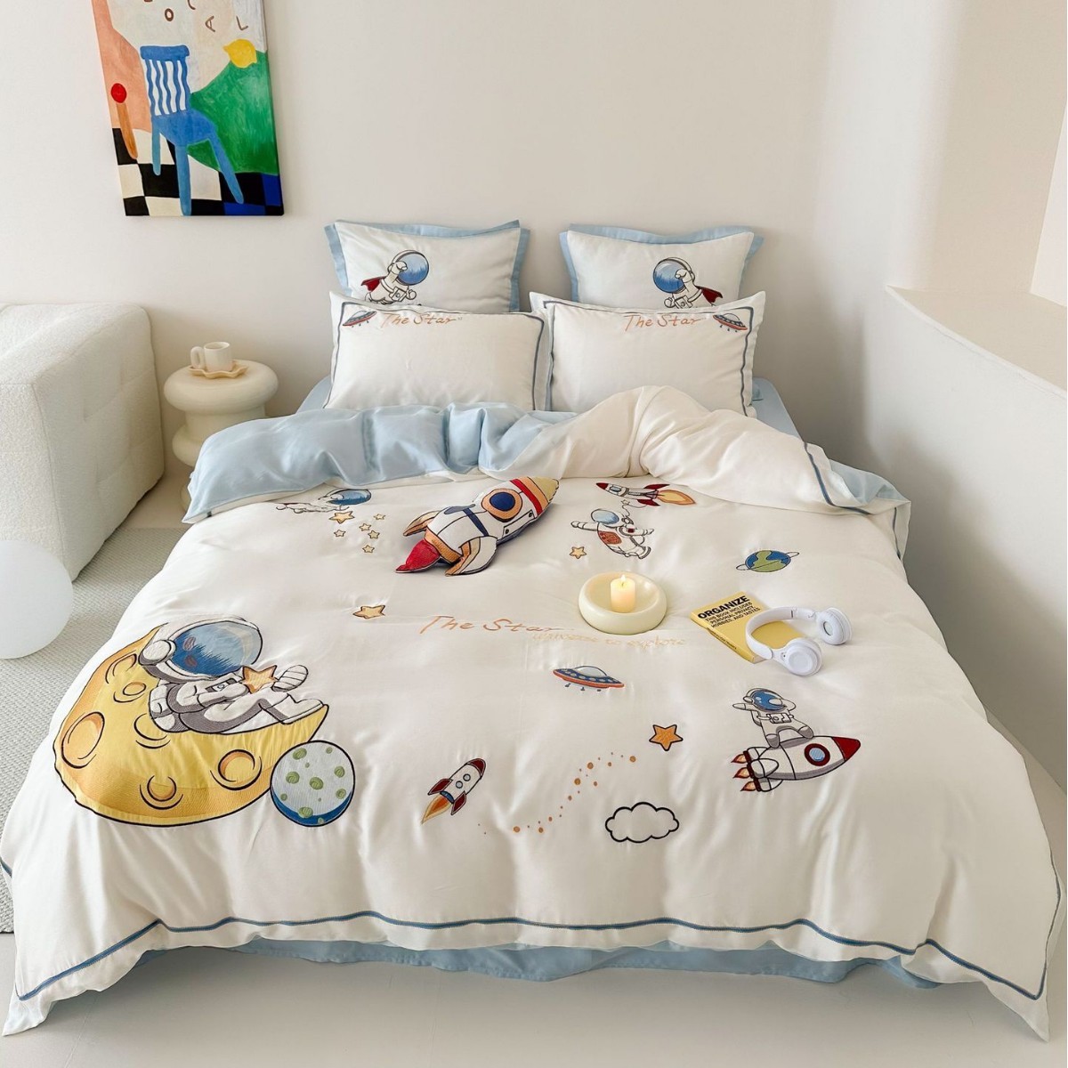 夏季可爱卡通风60s兰精天丝四件套太空人被套绣花儿童三件套床品