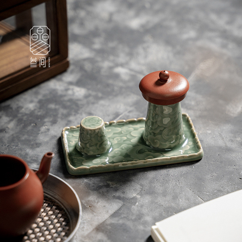 叁间青瓷浮雕祥云晾壶架中式茶席摆件复古陶瓷紫砂壶茶壶托茶配件