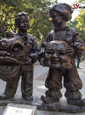 热销童趣景观小孩滚铁环民俗小品人物雕塑玻璃钢广场公园主题铸铜