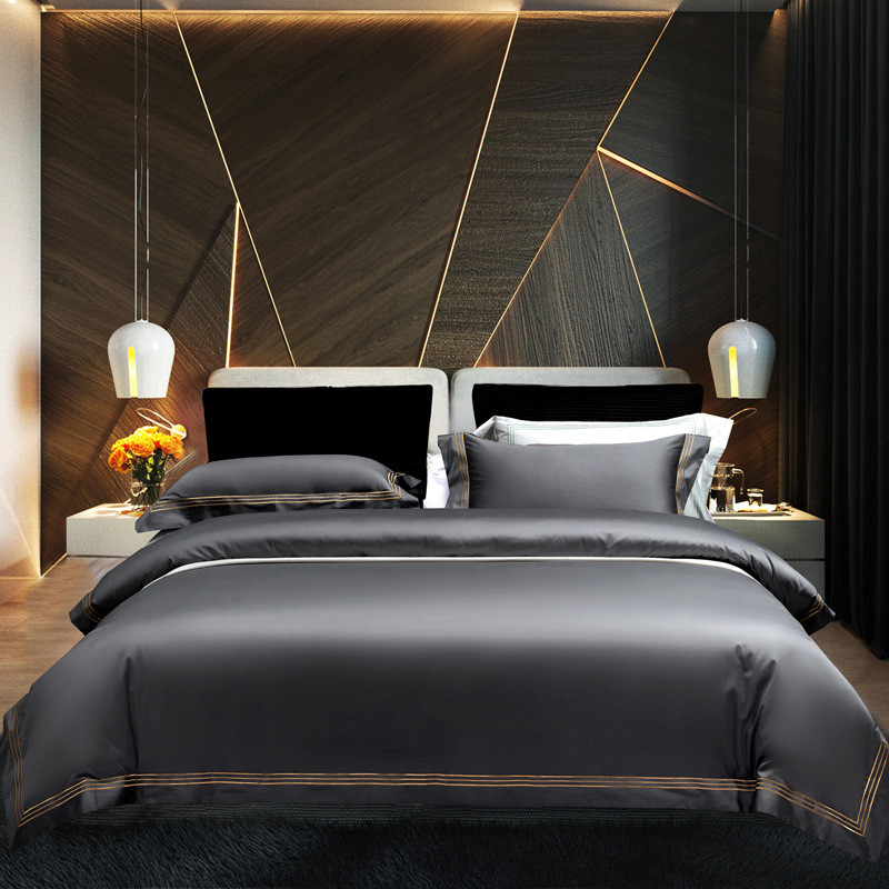 100支高档长绒棉四件套深灰色被套纯色床上用品埃及酒店简欧