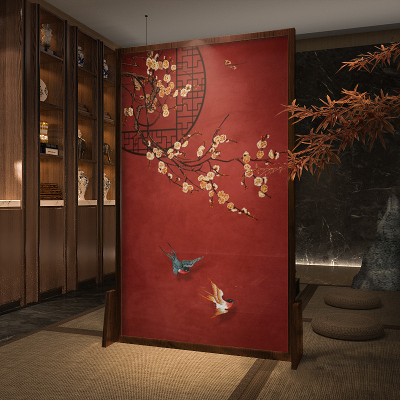新中式移动屏风隔断客餐厅玄关茶室酒店办公室酒店红色中国风座屏