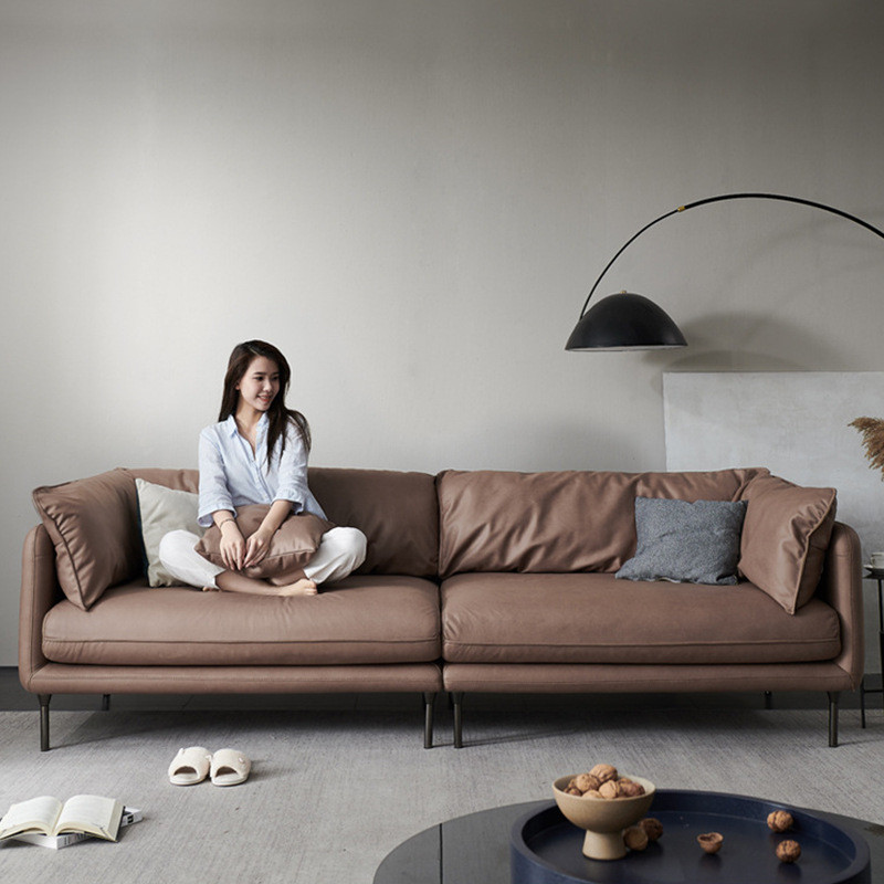棕色极简沙发免洗猫抓布直排耐磨羽绒客厅布艺乳胶高脚北欧沙发