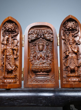 大量批发工艺品黄杨木雕刻日大如来三开福禄寿三开西方三圣三开盒