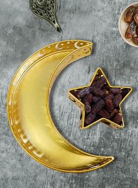 中东月亮节日摆件镂空餐桌装饰托盘金属星月铁艺托盘喷漆电镀