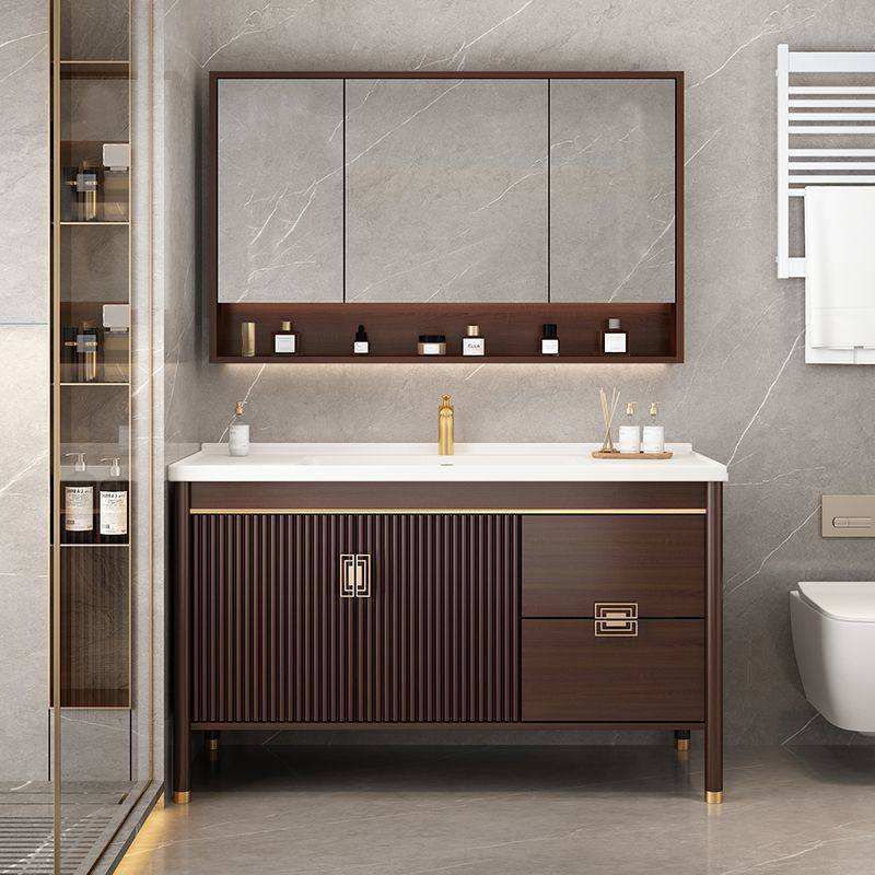 新中式浴室柜橡木卫生间洗漱台组合一体陶瓷盆智能实木落地式卫柜