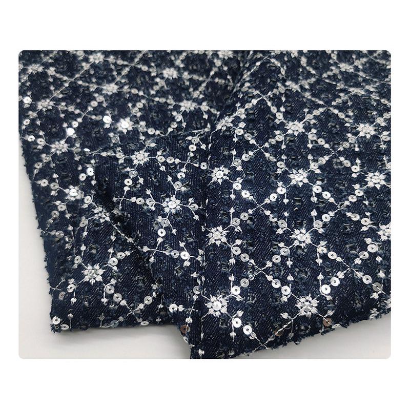 时尚珠绣珠片亮片洗牛仔布水破洞工艺小香风牛仔面料服装箱包