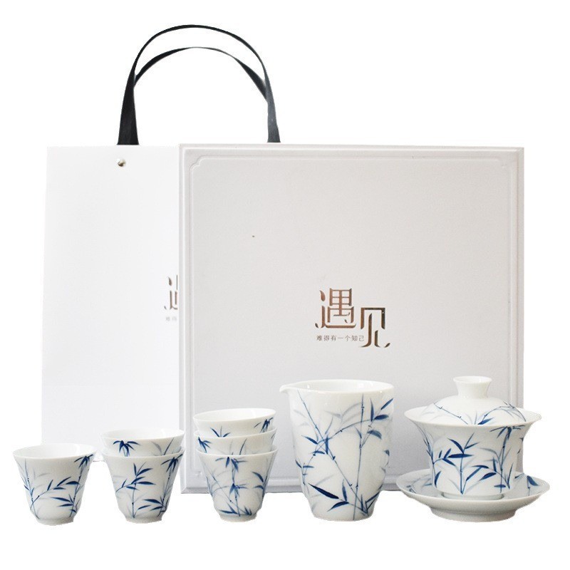 釉下手绘白瓷功夫茶具套装复古竹子陶瓷盖碗茶杯整套商务礼品定制