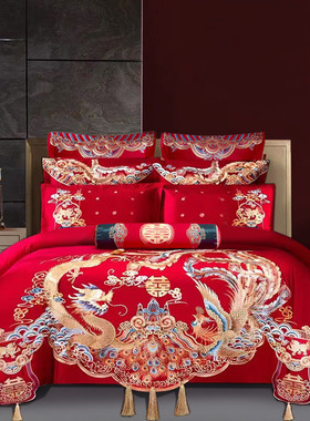 e0pb批发全棉新婚庆四件套大红色长绒棉龙凤刺绣结婚家纺床上用品