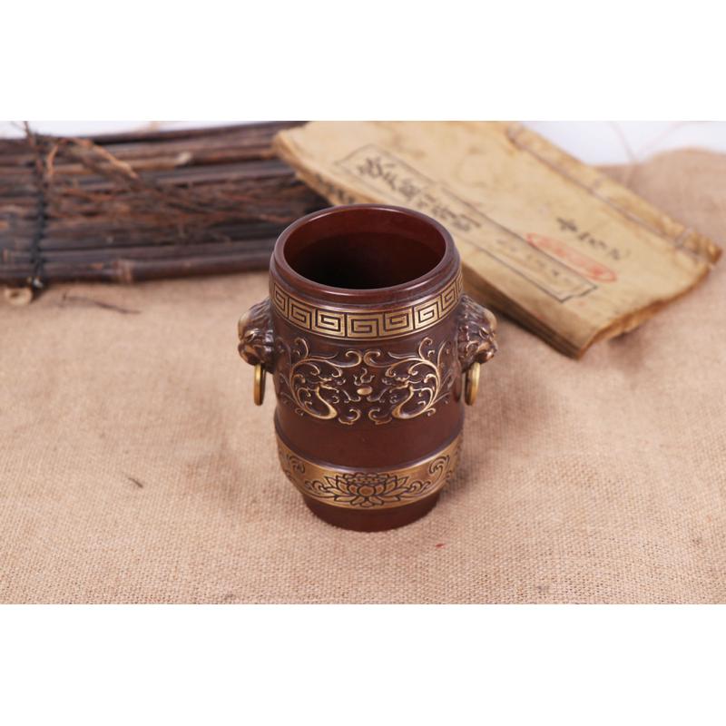 热销杨铜记复古桌面办公摆件狮头笔筒铜莲花笔筒铜笔筒