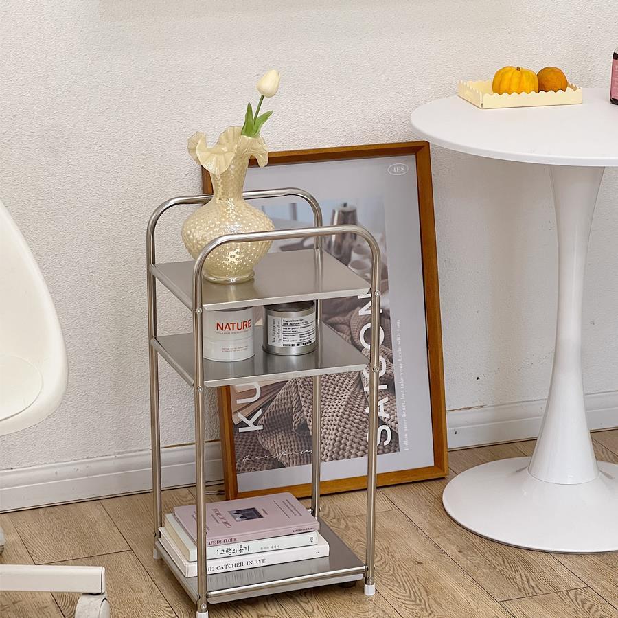 ins风边几不锈钢客厅中古置物架家用厨房收纳床头落地小推车新款