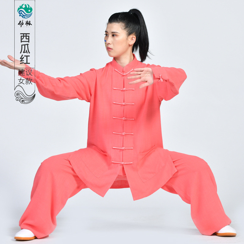 长袖太极服男女劲极中性表演服棉麻翻袖两用中式荷叶领武术练功服