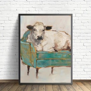 现代牛气冲天客厅可爱动物复古装饰画牛高级壁画玄关餐厅中古挂画