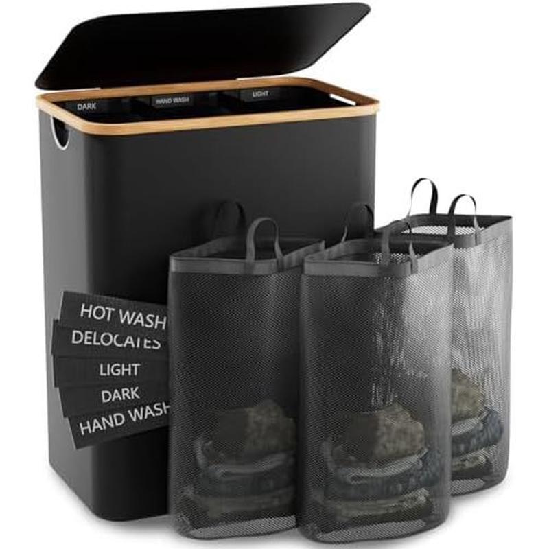 日式竹木脏衣篮卧室配内袋带盖浴室脏衣服收纳筐可折叠分隔