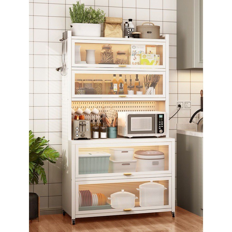热销洞洞板厨房置物架收纳柜子落地餐边柜夹缝储物柜微波炉碗柜烤