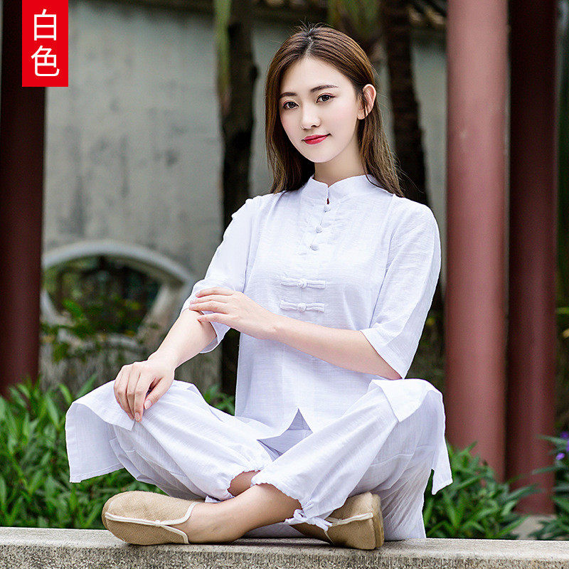 新品亚麻纯色两件套装大师服瑜伽打坐居士太极禅修服加大加宽大码