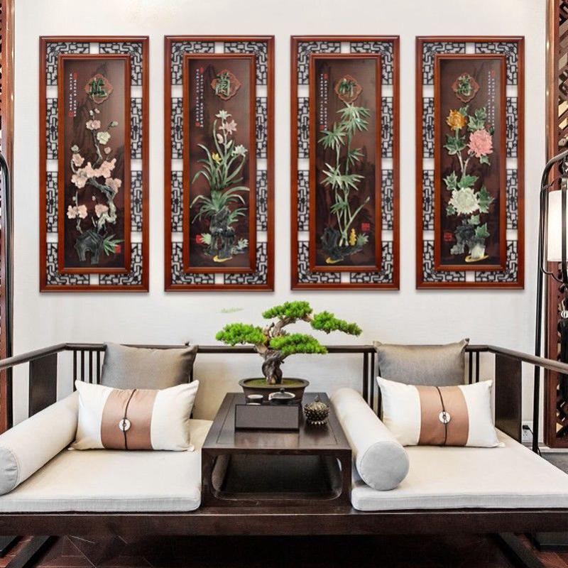 客厅装饰画沙发背景墙3d立体浮雕画梅兰竹菊玉雕画新中式墙画挂画