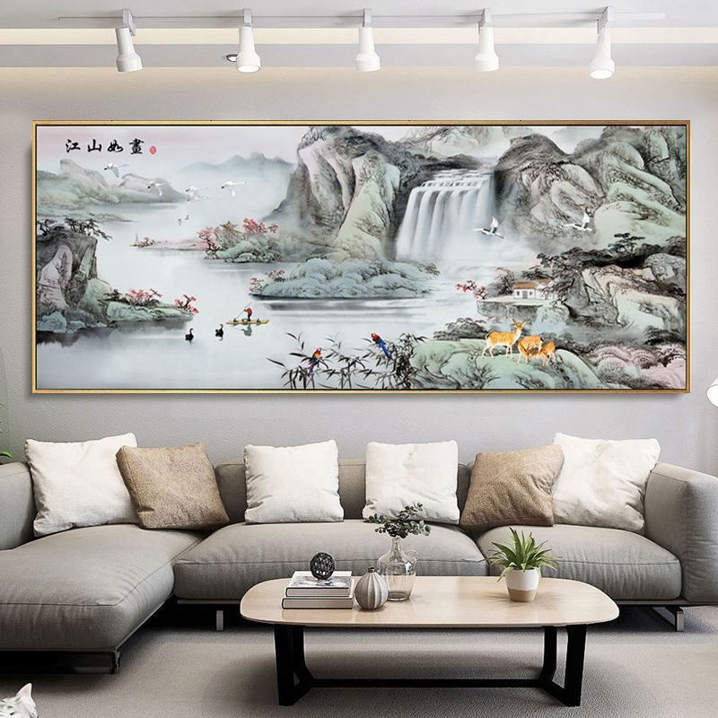 江山如画十字绣新款客厅线绣流水生财满绣山水画手工绣自己绣